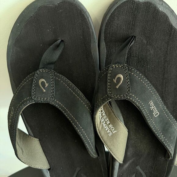 OluKai Palu Flip Flops Men’s US 10 Black Leather Beach Sandals Comfort Thong main image 7